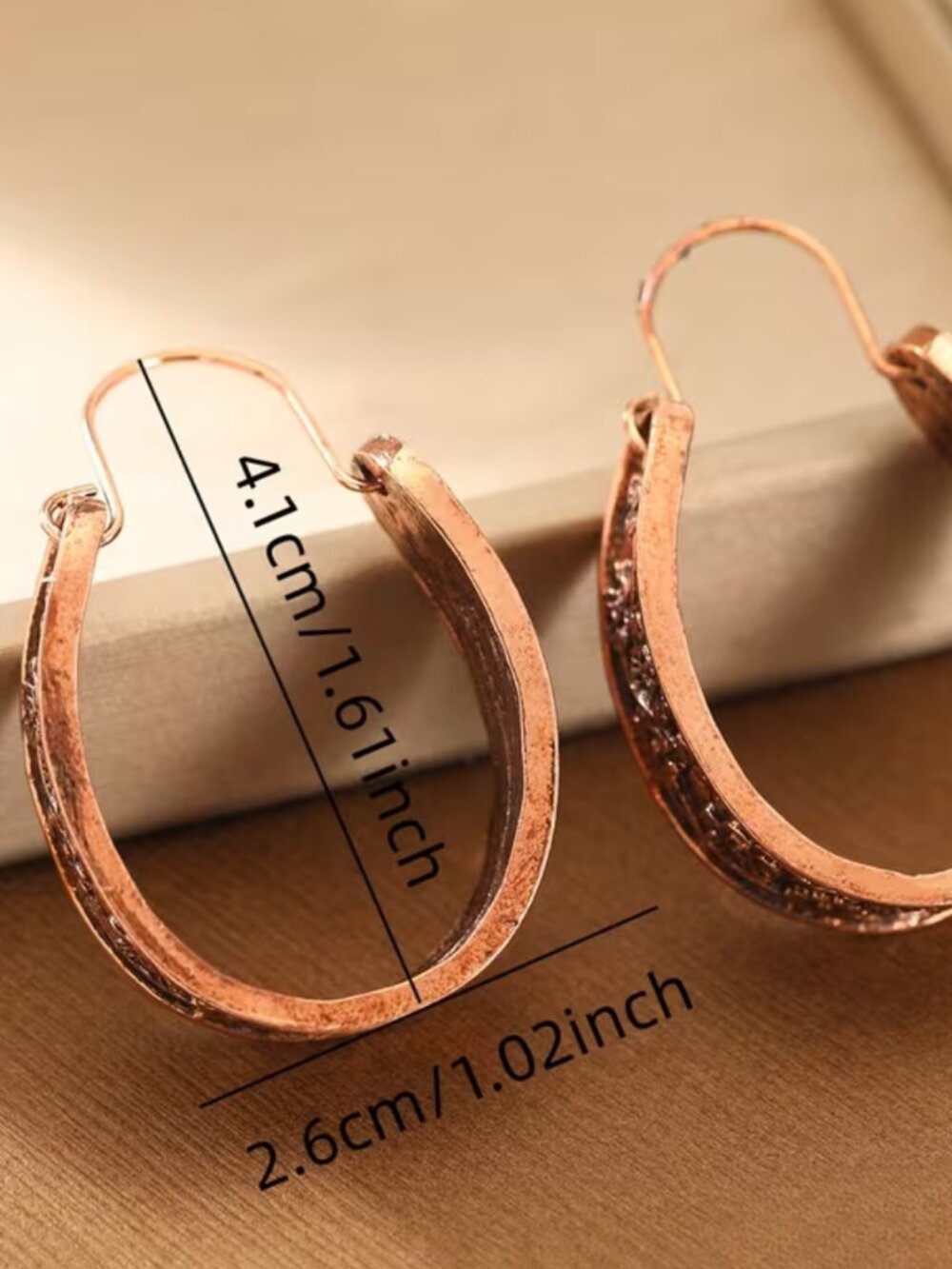 Vintage Boho Copper Floral Carved Wide Chunky Open J Hoop Earrings Antique Style - Picture 5 of 10
